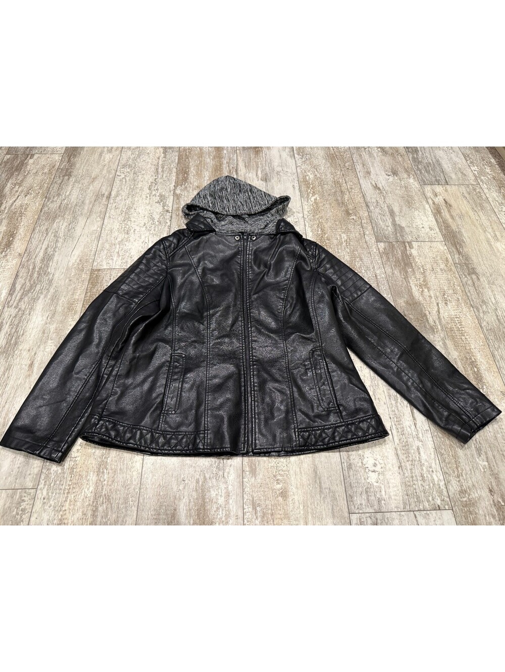DB XL Black Hooded Faux Leather Moto Jacket Quilted
